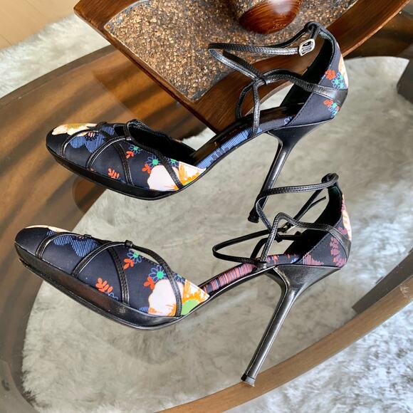 Casadei Floral Print with Leather Trim Evening Shoes Size 7 - Picture 5 of 14